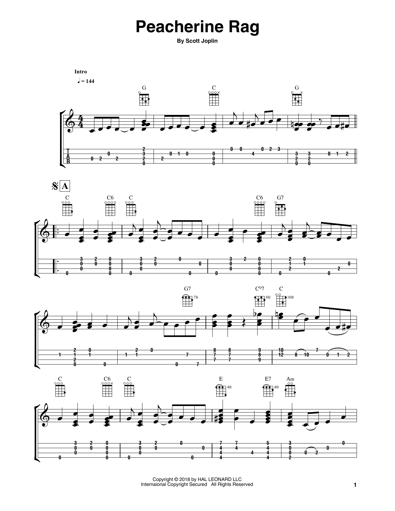 Fred Sokolow Peacherine Rag sheet music notes and chords arranged for Easy Ukulele Tab