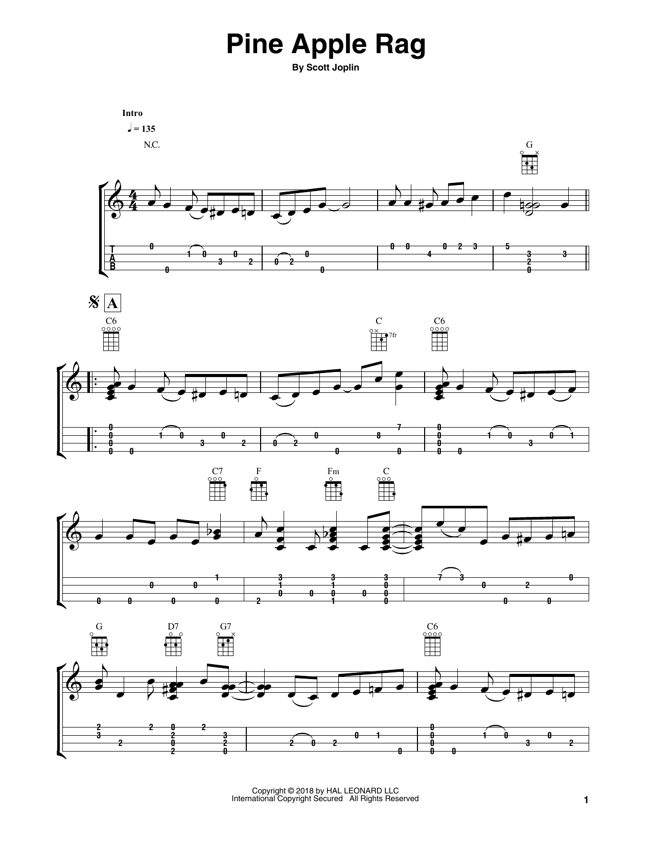 Fred Sokolow Pine Apple Rag sheet music notes and chords arranged for Easy Ukulele Tab