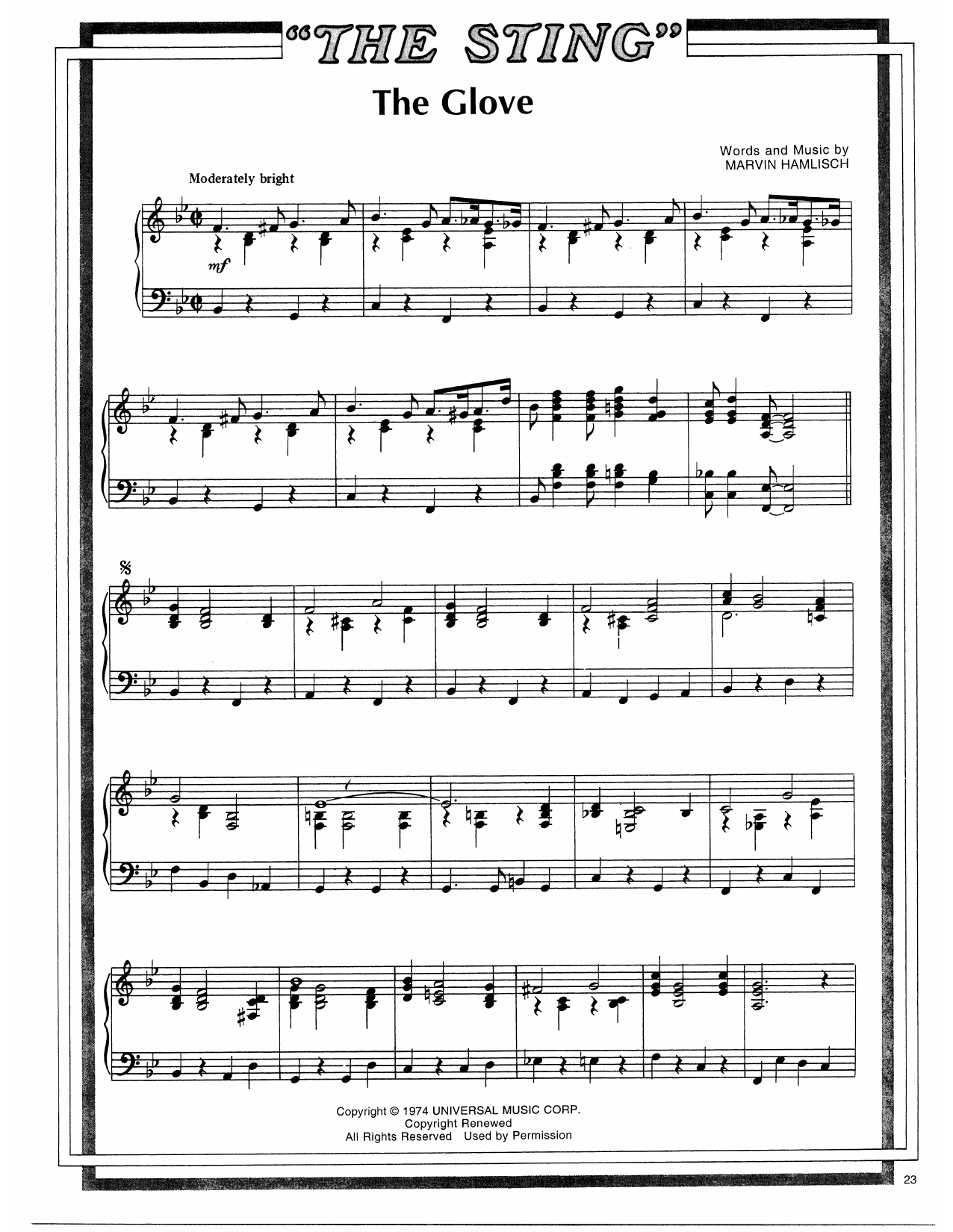 Scott Joplin The Glove (from The Sting) sheet music notes and chords arranged for Piano Solo