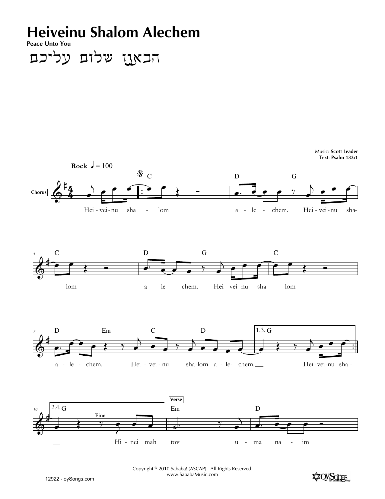 Scott Leader Heiveinu Shalom Alechem sheet music notes and chords arranged for Lead Sheet / Fake Book
