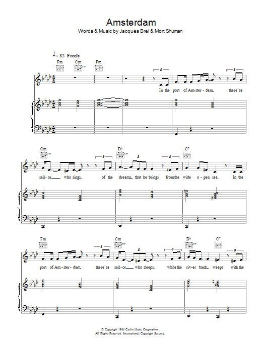Scott Walker Amsterdam sheet music notes and chords arranged for Piano, Vocal & Guitar Chords
