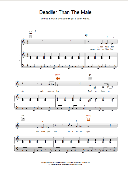 Scott Walker Deadlier Than The Male sheet music notes and chords arranged for Piano, Vocal & Guitar Chords