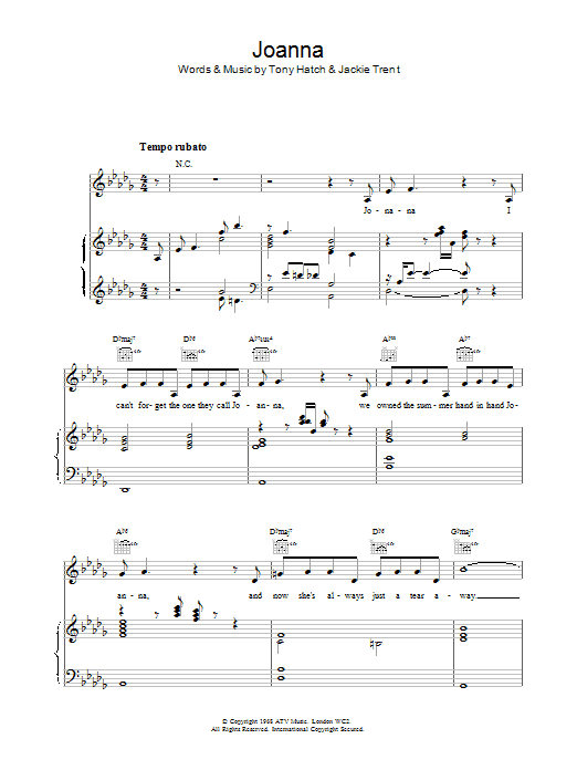 Scott Walker Joanna sheet music notes and chords arranged for Piano, Vocal & Guitar Chords