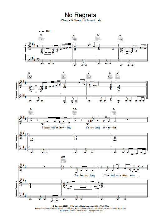 Scott Walker No Regrets sheet music notes and chords arranged for Piano, Vocal & Guitar Chords