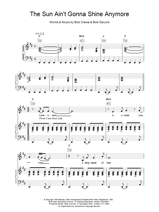 Scott Walker The Sun Ain't Gonna Shine Anymore sheet music notes and chords arranged for Piano, Vocal & Guitar Chords
