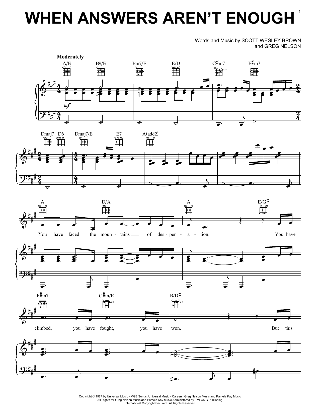 Scott Wesley Brown When Answers Aren't Enough sheet music notes and chords arranged for Piano, Vocal & Guitar Chords (Right-Hand Melody)
