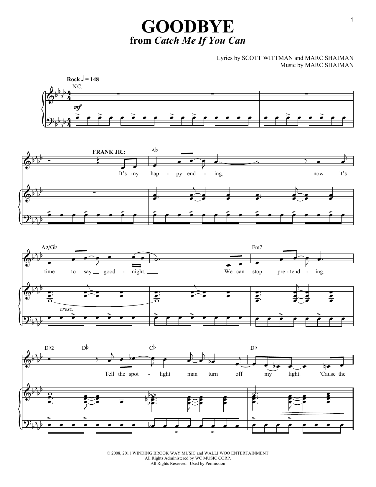 Scott Wittman and Marc Shaiman Goodbye (from Catch Me If You Can) sheet music notes and chords arranged for Piano & Vocal
