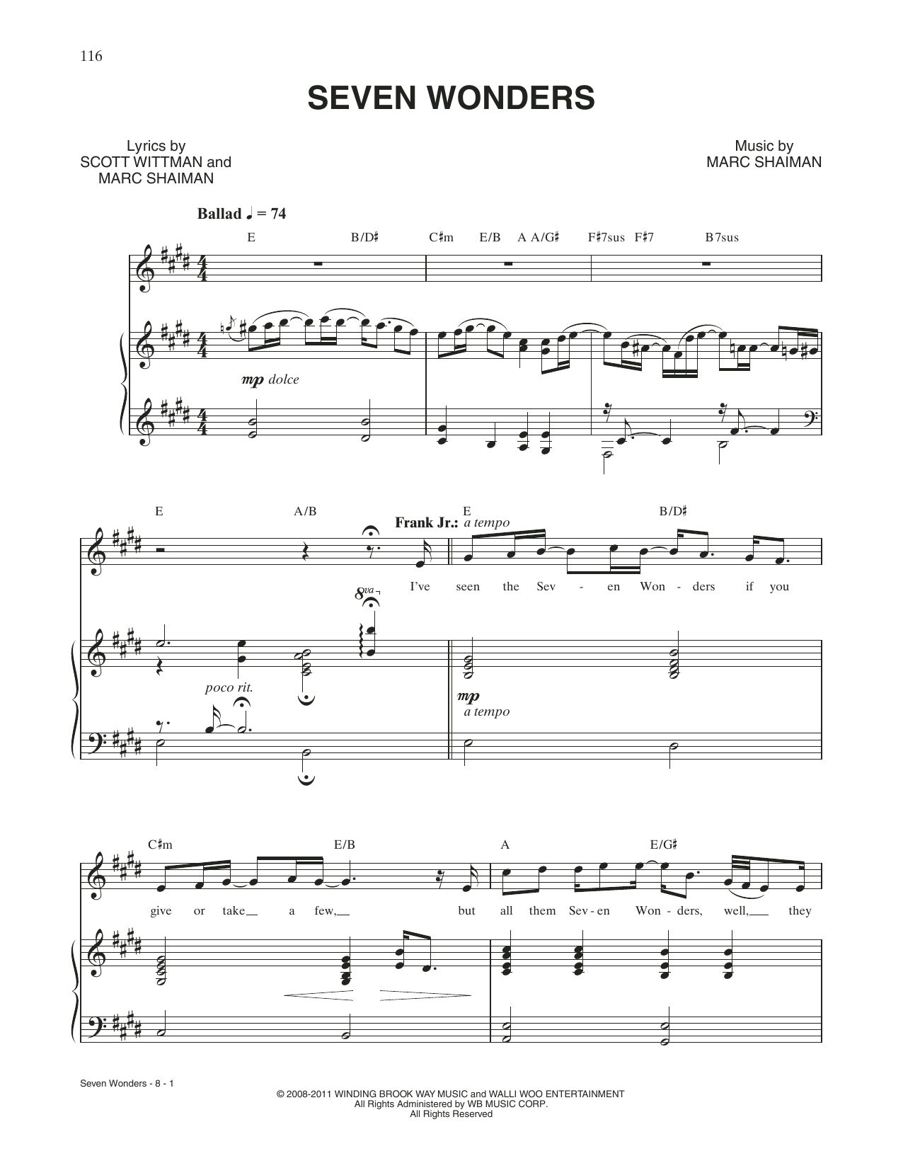 Scott Wittman Seven Wonders (from Catch Me If You Can) sheet music notes and chords arranged for Piano & Vocal