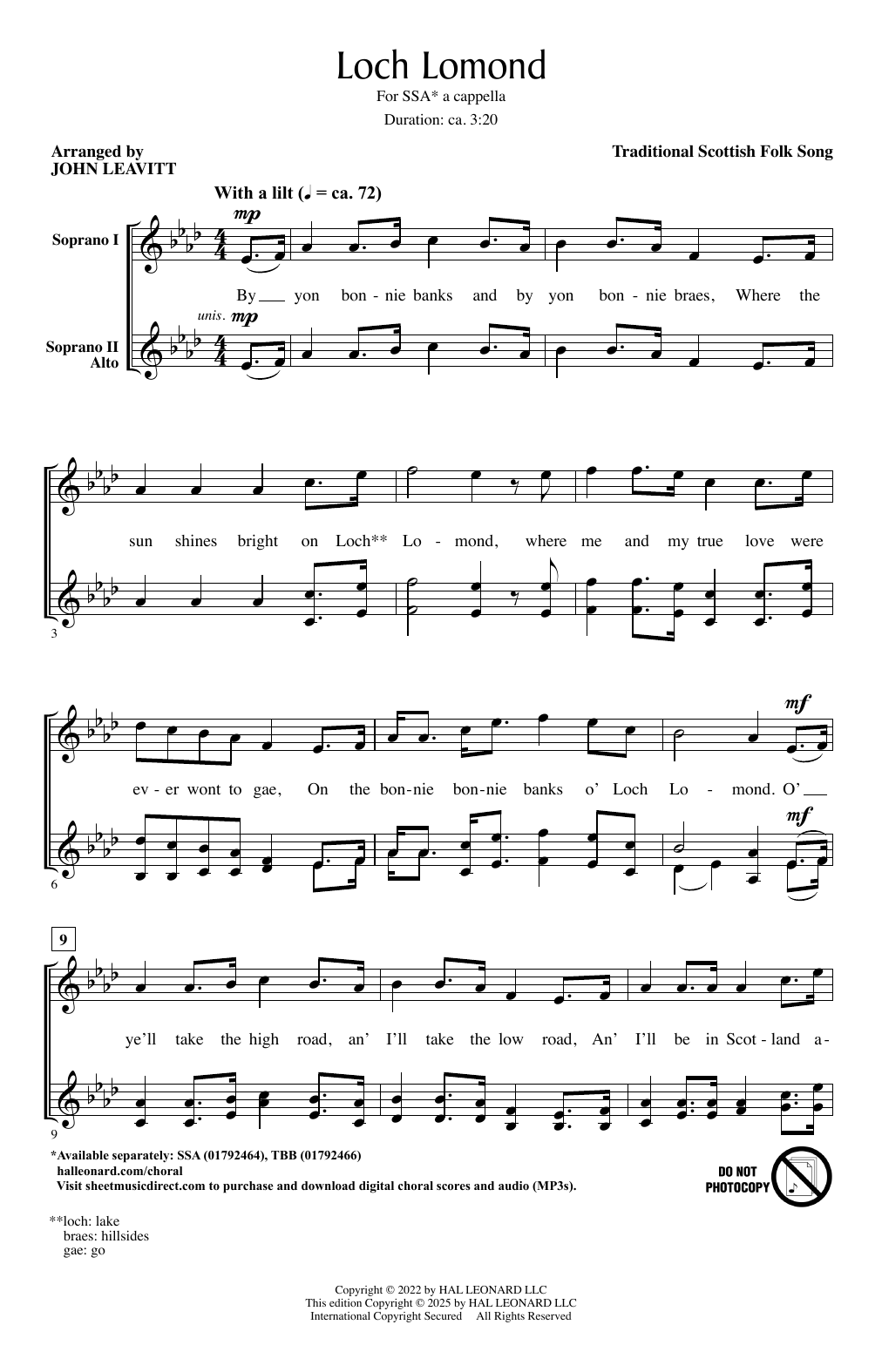 Scottish Folk Song Loch Lomond (arr. John Leavitt) sheet music notes and chords arranged for SSA Choir