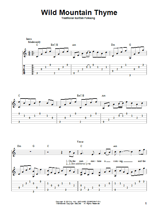 Traditional Scottish Folksong Wild Mountain Thyme sheet music notes and chords arranged for Solo Guitar