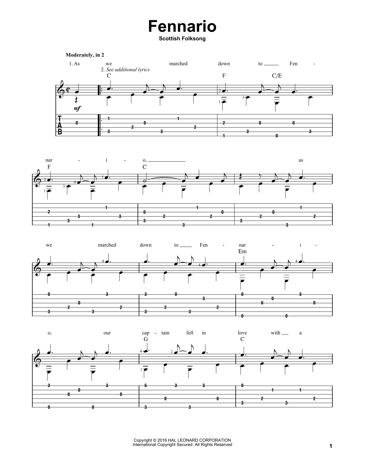 Scottish Folksong Fennario sheet music notes and chords arranged for Solo Guitar