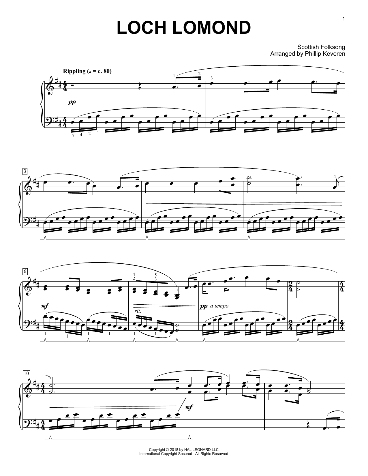 Scottish Folksong Loch Lomond [Classical version] (arr. Phillip Keveren) sheet music notes and chords arranged for Piano Solo