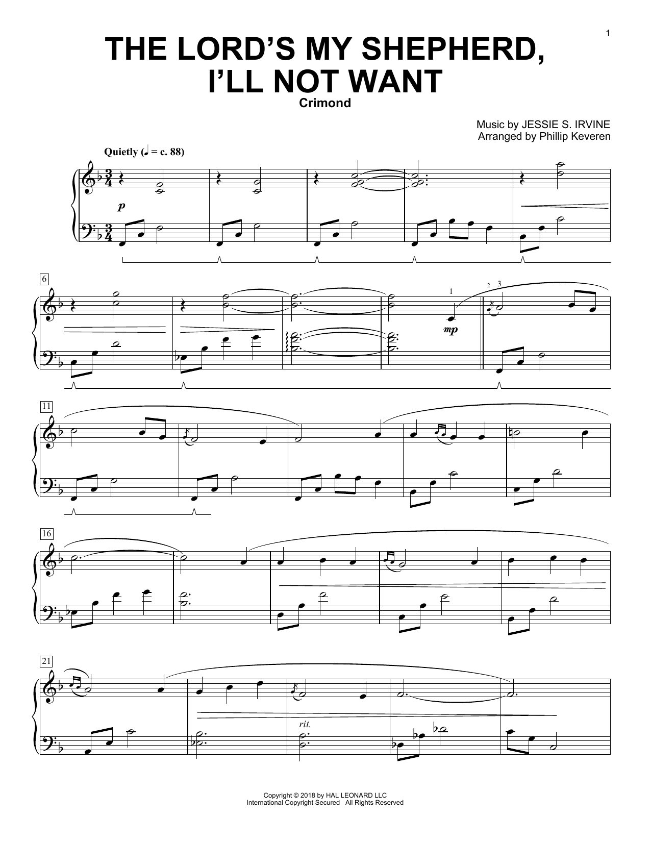 Scottish Psalter The Lord's My Shepherd, I'll Not Want (arr. Phillip Keveren) sheet music notes and chords arranged for Piano Solo