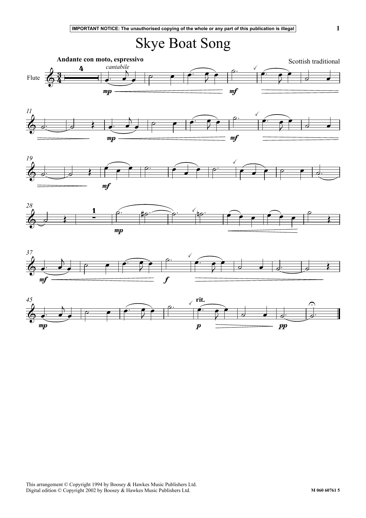 Scottish Traditional Skye Boat Song sheet music notes and chords arranged for Clarinet and Piano