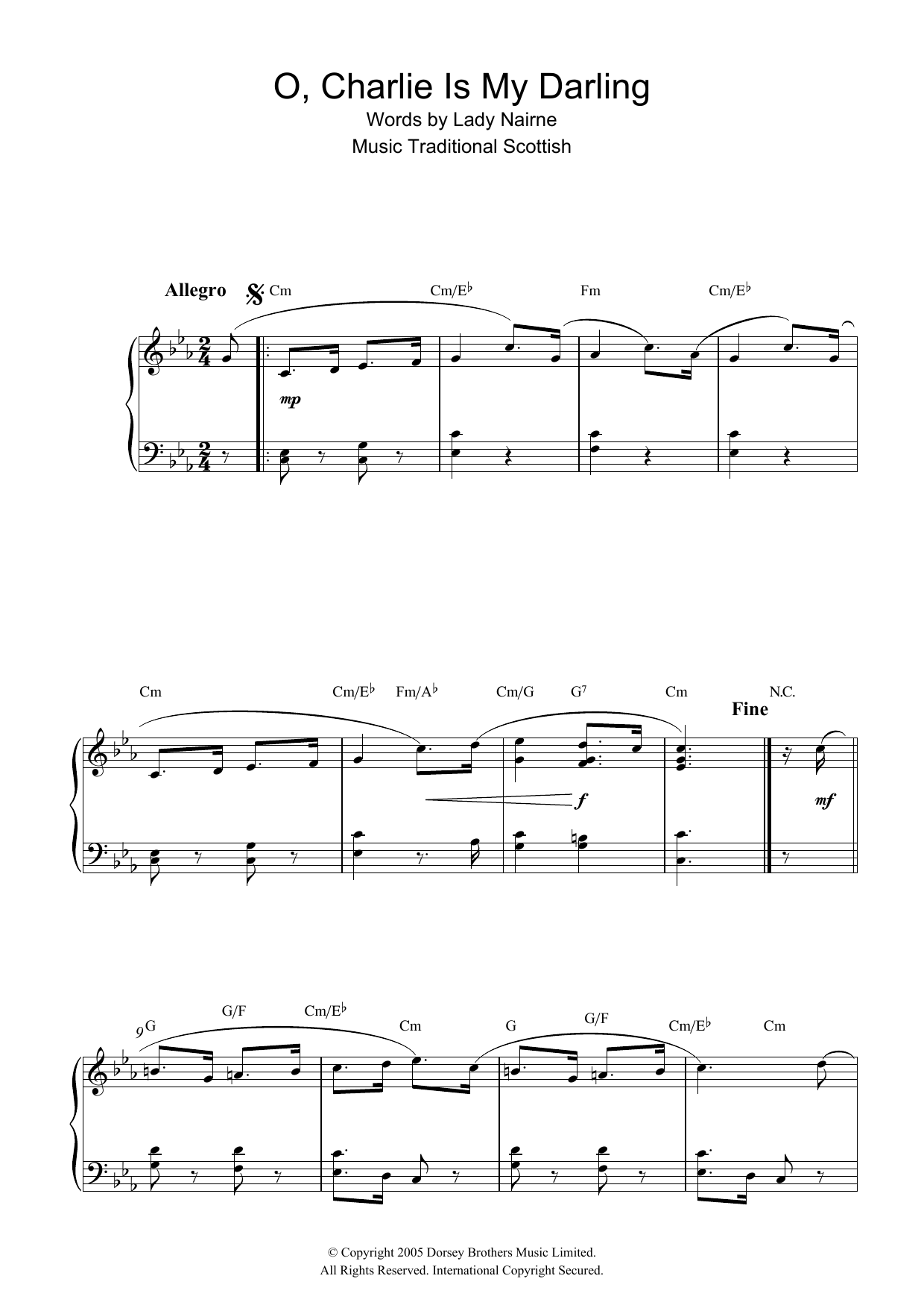 Scottish Folksong O, Charlie Is My Darling sheet music notes and chords arranged for Piano Solo