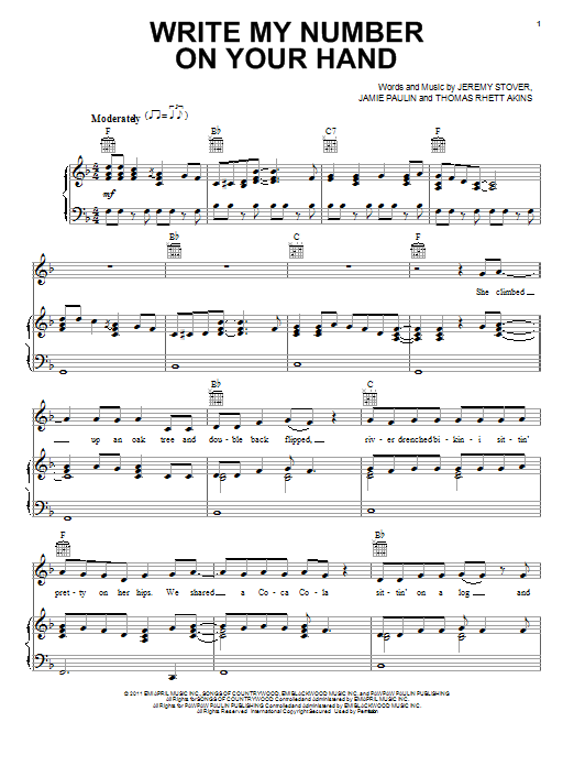 Scotty McCreery Write My Number On Your Hand sheet music notes and chords arranged for Piano, Vocal & Guitar Chords (Right-Hand Melody)