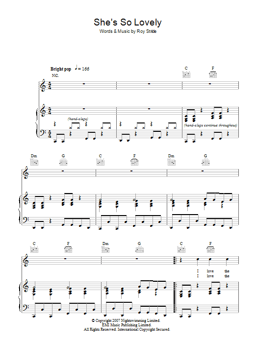 Scouting For Girls She's So Lovely sheet music notes and chords arranged for Piano, Vocal & Guitar Chords