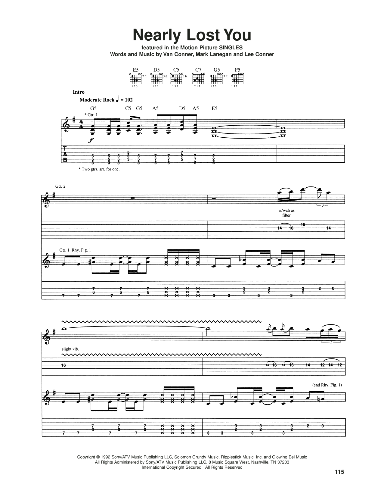 Screaming Trees Nearly Lost You sheet music notes and chords arranged for Guitar Tab