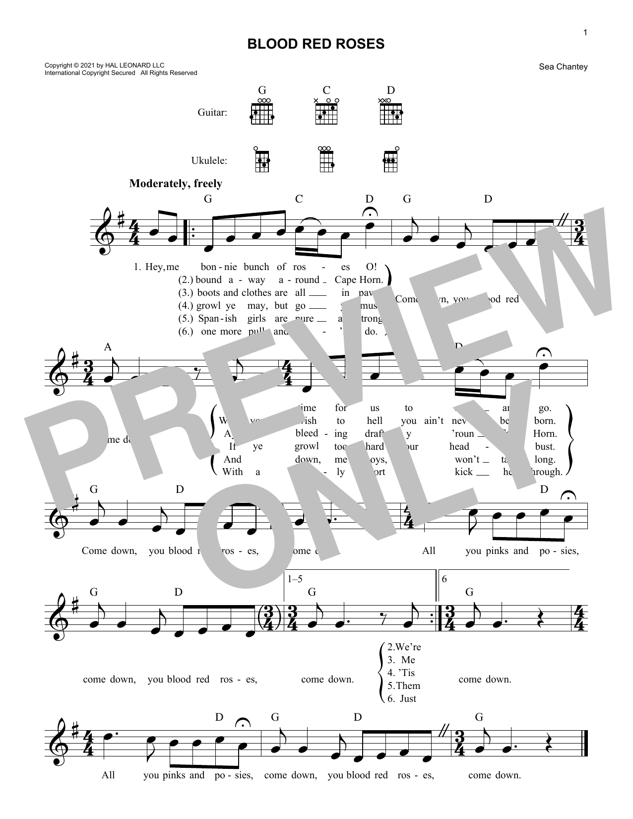 Sea Chantey Blood Red Roses sheet music notes and chords arranged for Lead Sheet / Fake Book