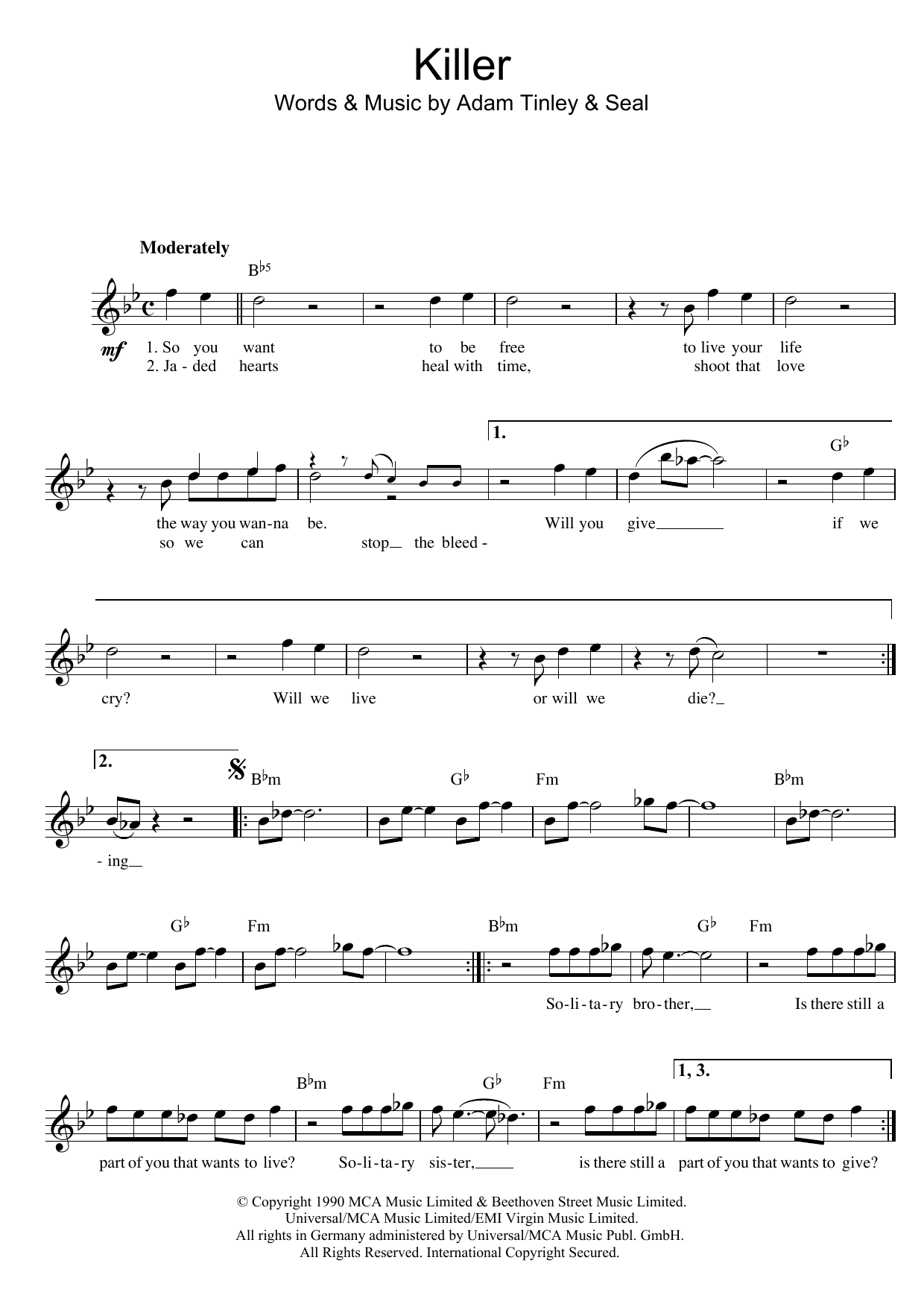 Seal Killer sheet music notes and chords arranged for Piano, Vocal & Guitar Chords