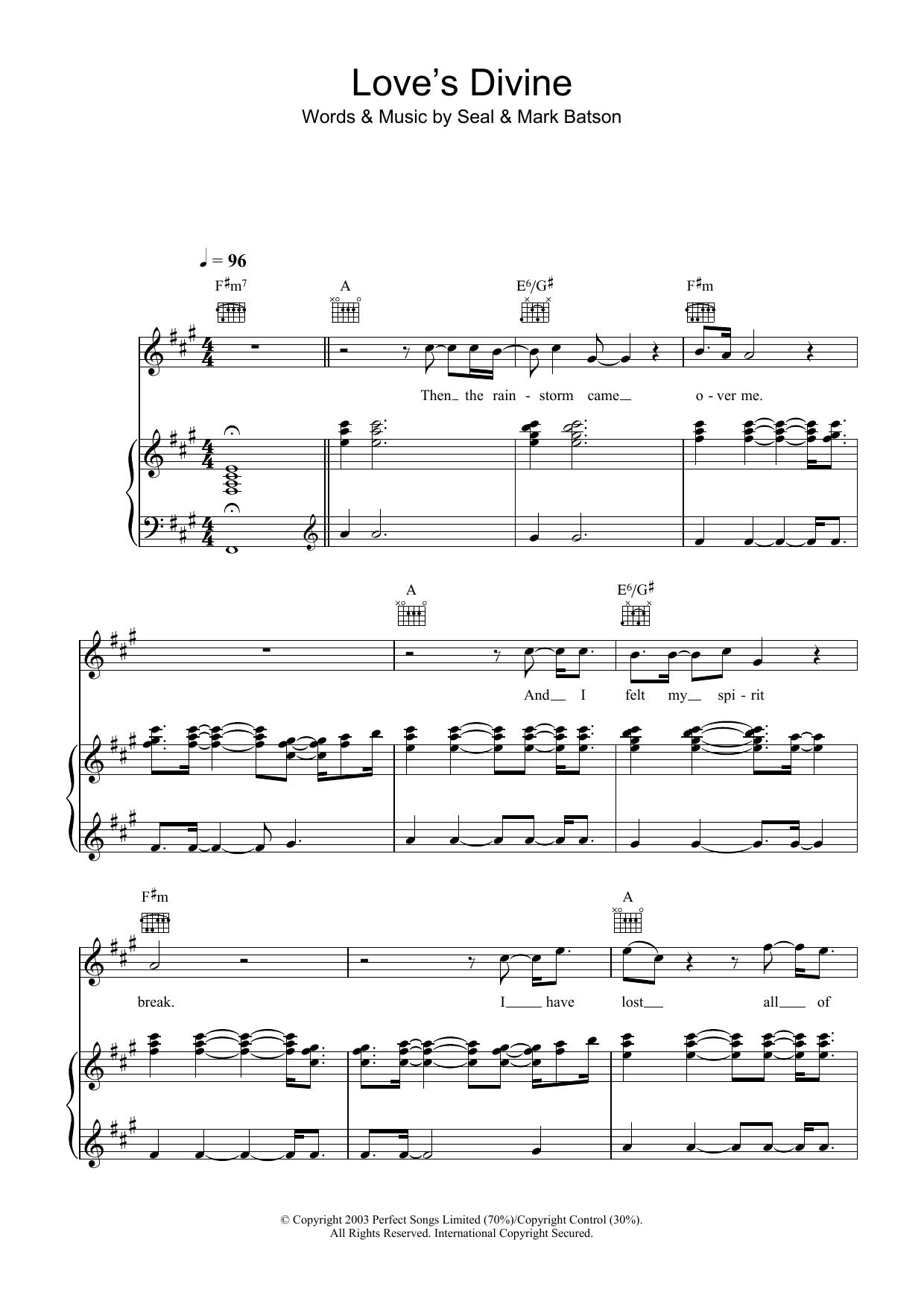 Seal Love's Divine sheet music notes and chords arranged for Piano, Vocal & Guitar Chords (Right-Hand Melody)