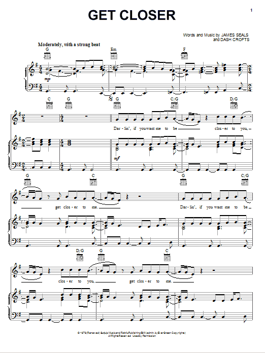 Seals & Crofts Get Closer sheet music notes and chords arranged for Piano, Vocal & Guitar Chords (Right-Hand Melody)