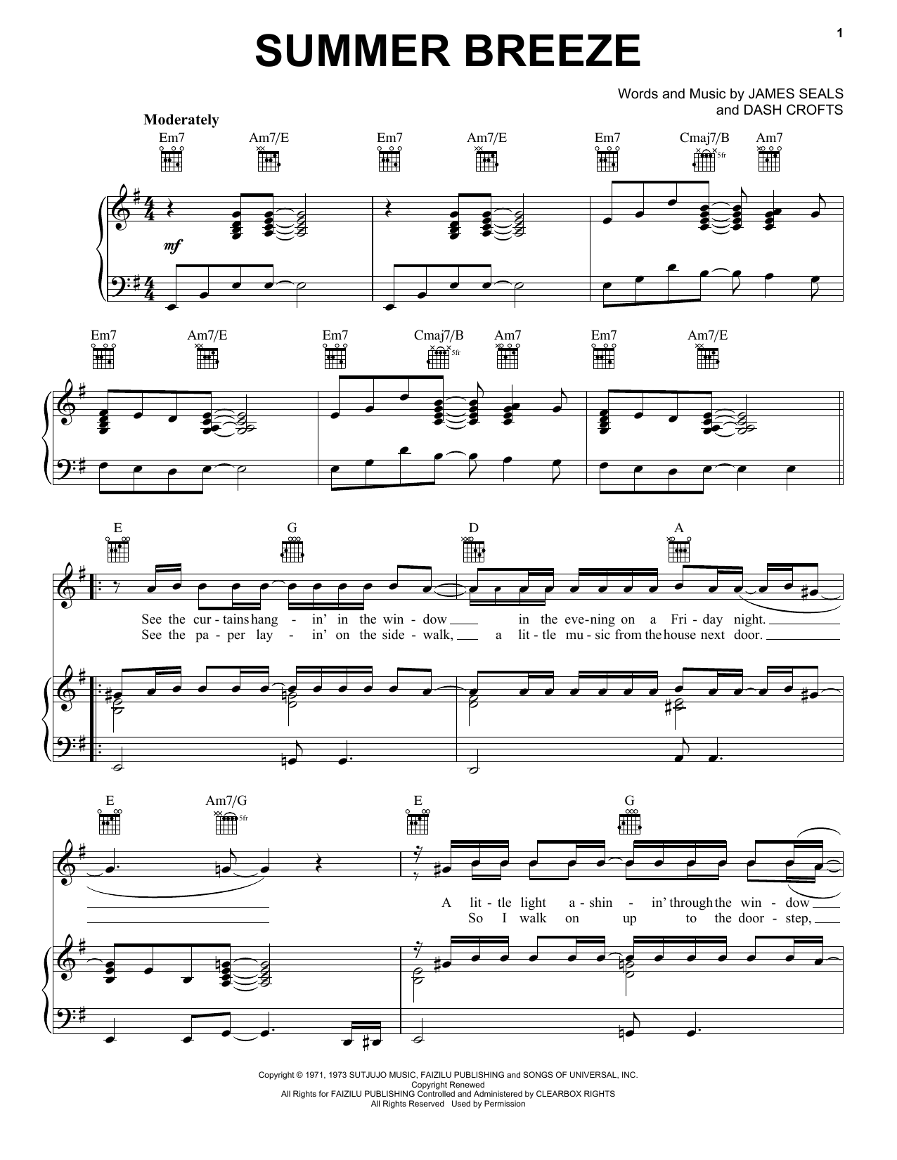 Seals & Crofts Summer Breeze sheet music notes and chords arranged for Mandolin Chords/Lyrics