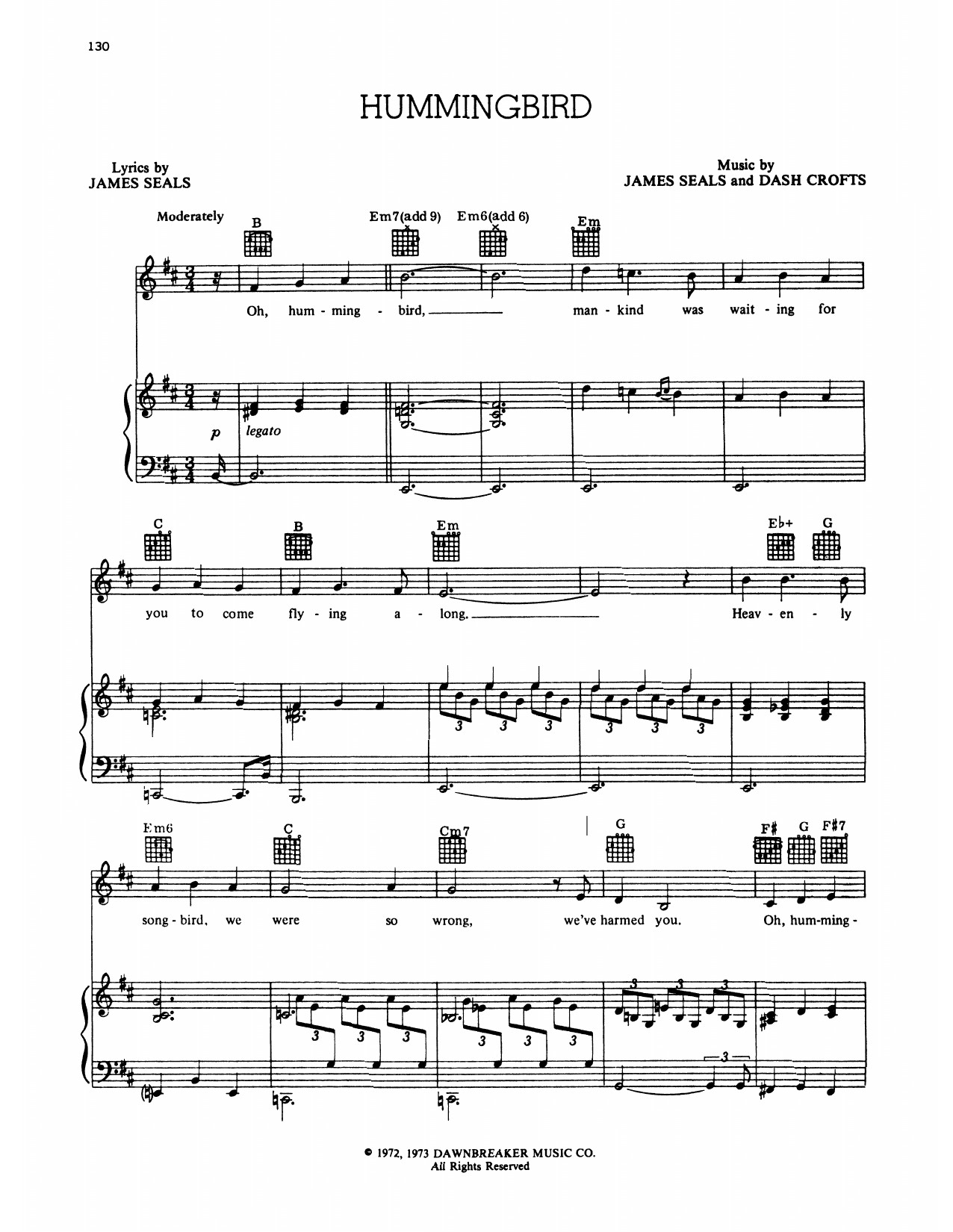 Seals and Crofts Hummingbird sheet music notes and chords arranged for Piano & Vocal