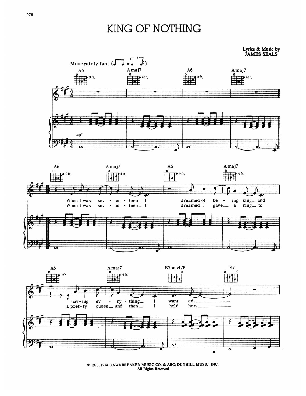 Seals and Crofts King Of Nothing sheet music notes and chords arranged for Piano & Vocal