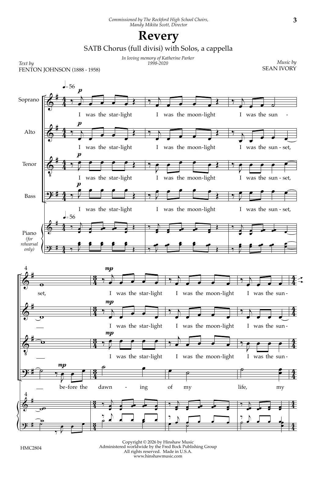 Sean Ivory Revery sheet music notes and chords arranged for SATB Choir