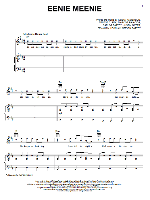 Sean Kingston & Justin Bieber Eenie Meenie sheet music notes and chords arranged for Piano, Vocal & Guitar Chords (Right-Hand Melody)