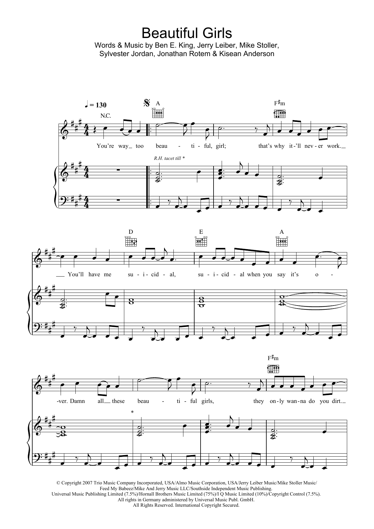 Sean Kingston Beautiful Girls sheet music notes and chords arranged for Beginner Piano