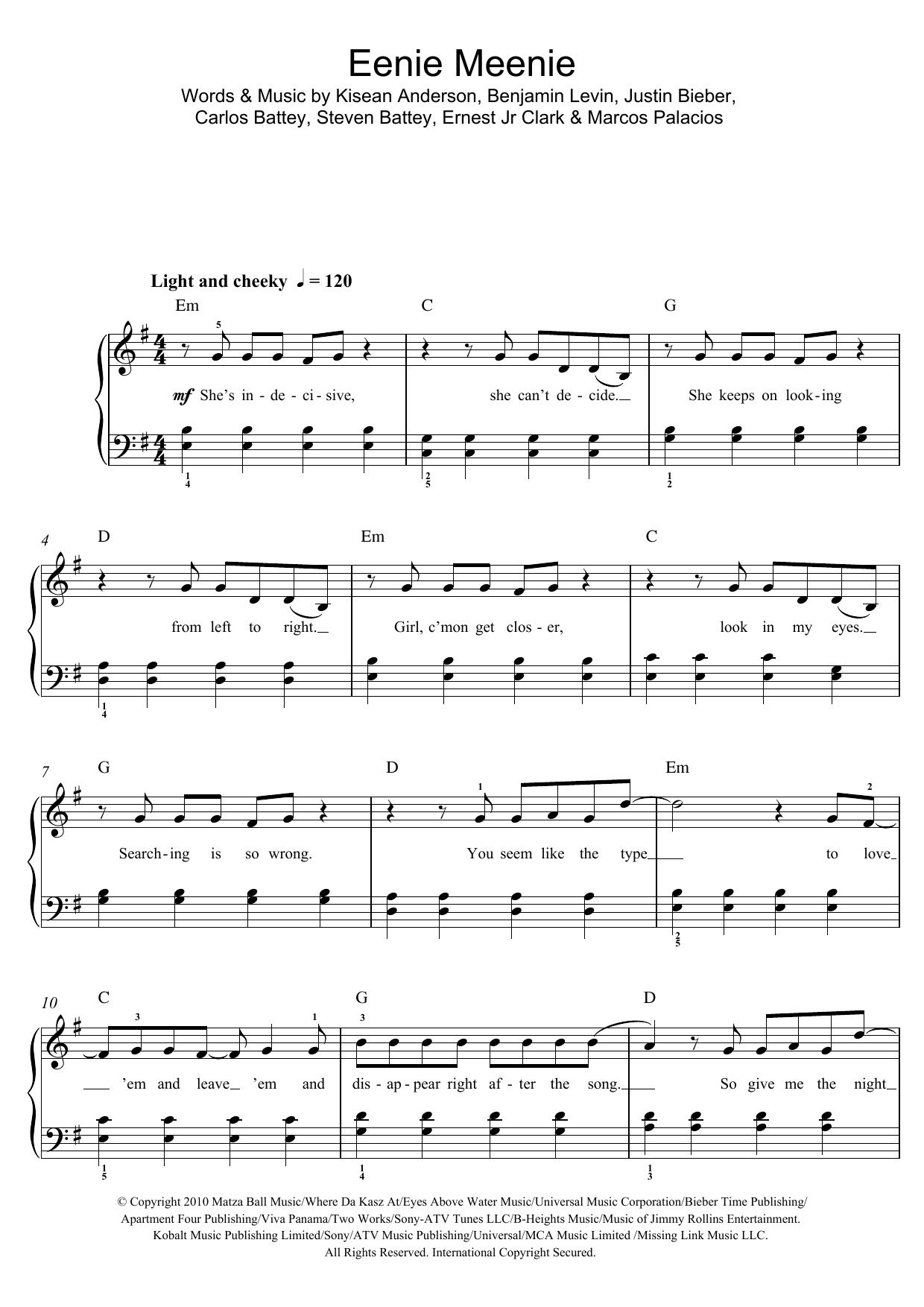 Sean Kingston Eenie Meenie sheet music notes and chords arranged for Piano, Vocal & Guitar Chords