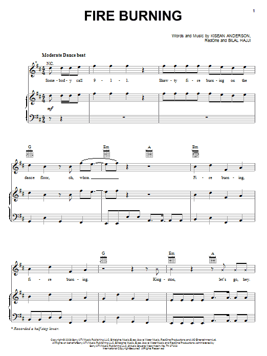 Sean Kingston Fire Burning sheet music notes and chords arranged for Piano, Vocal & Guitar Chords (Right-Hand Melody)