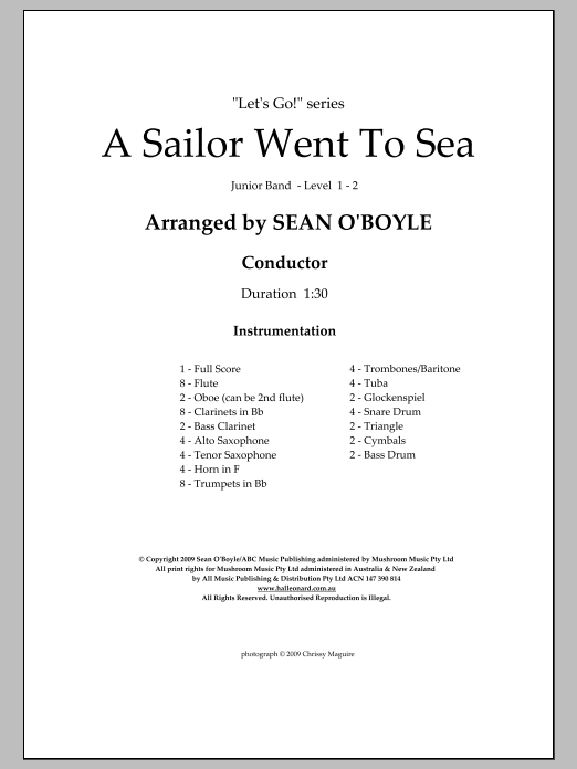 Sean O'Boyle A Sailor Went To Sea - Score sheet music notes and chords arranged for Concert Band