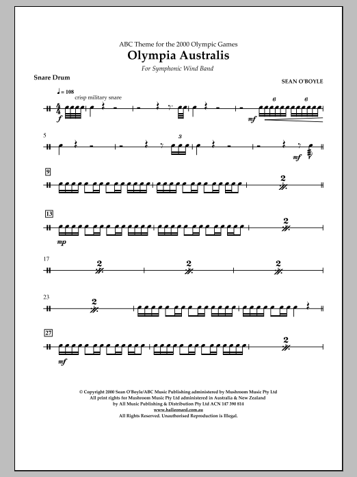 Sean O'Boyle Olympia Australis (Symphonic Wind Band) - Snare Drum sheet music notes and chords arranged for Concert Band