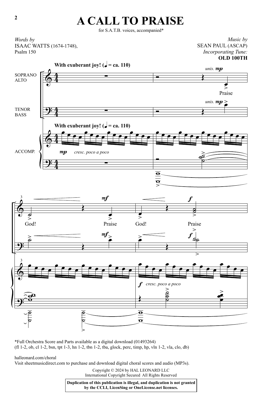 Sean Paul A Call To Praise sheet music notes and chords arranged for SATB Choir