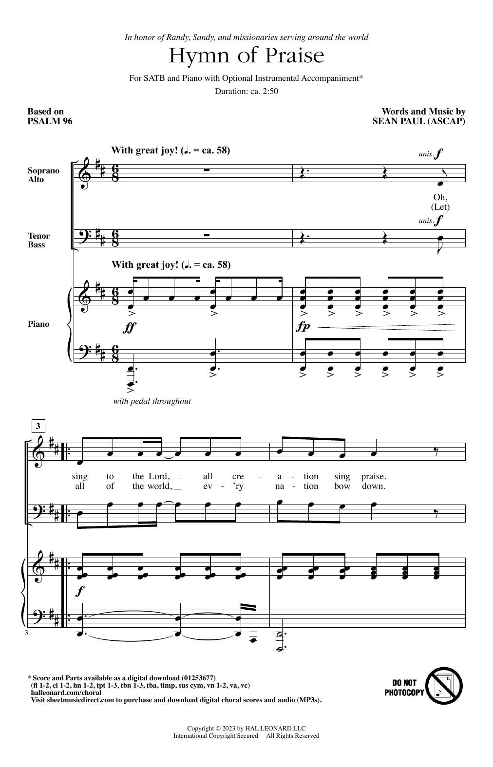 Sean Paul Hymn Of Praise sheet music notes and chords arranged for SATB Choir