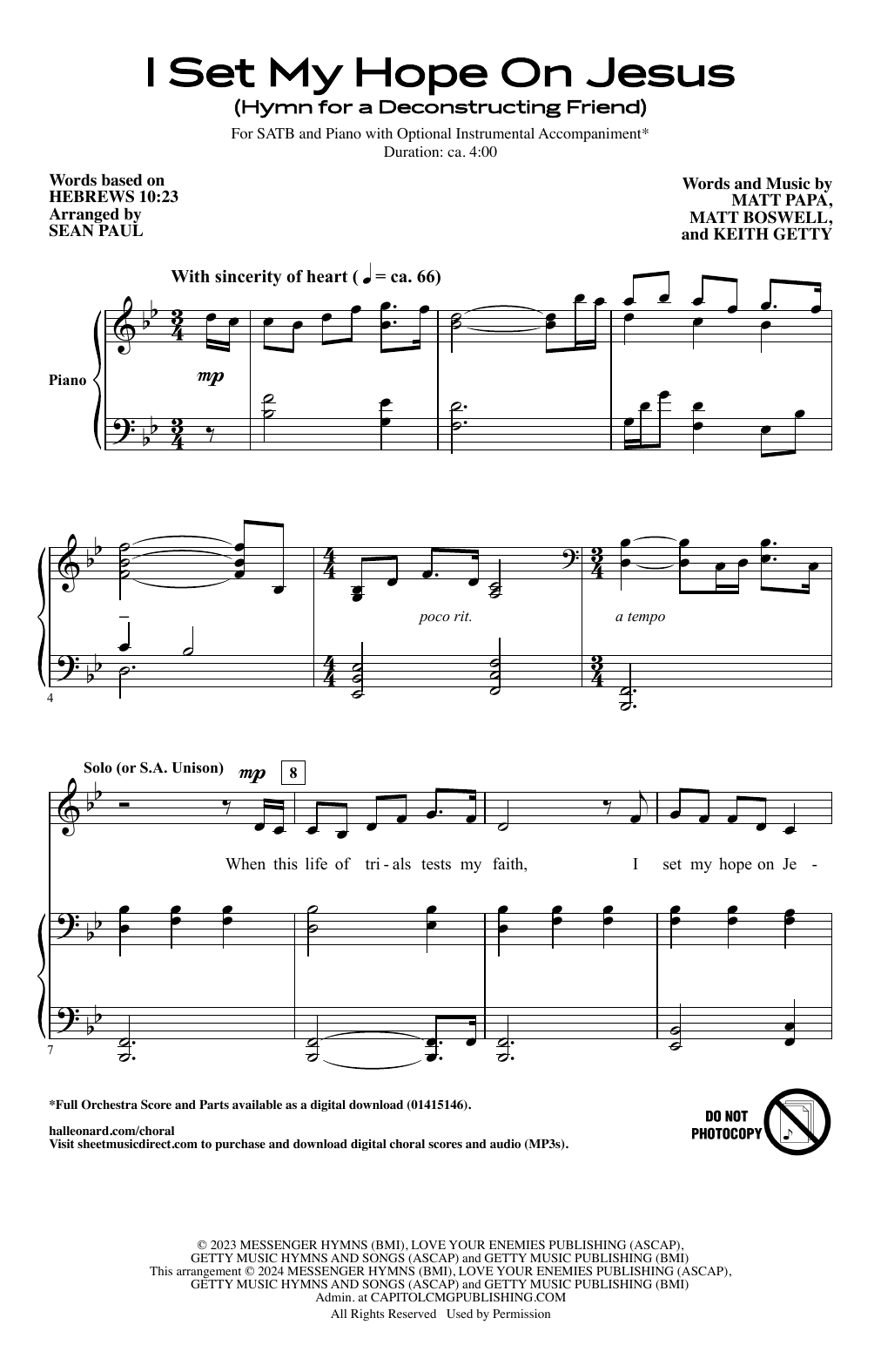 Sean Paul I Set My Hope On Jesus (Hymn For A Deconstructing Friend) sheet music notes and chords arranged for SATB Choir