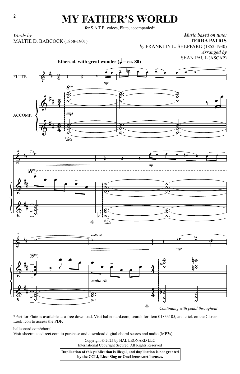 Sean Paul My Father's World sheet music notes and chords arranged for SATB Choir