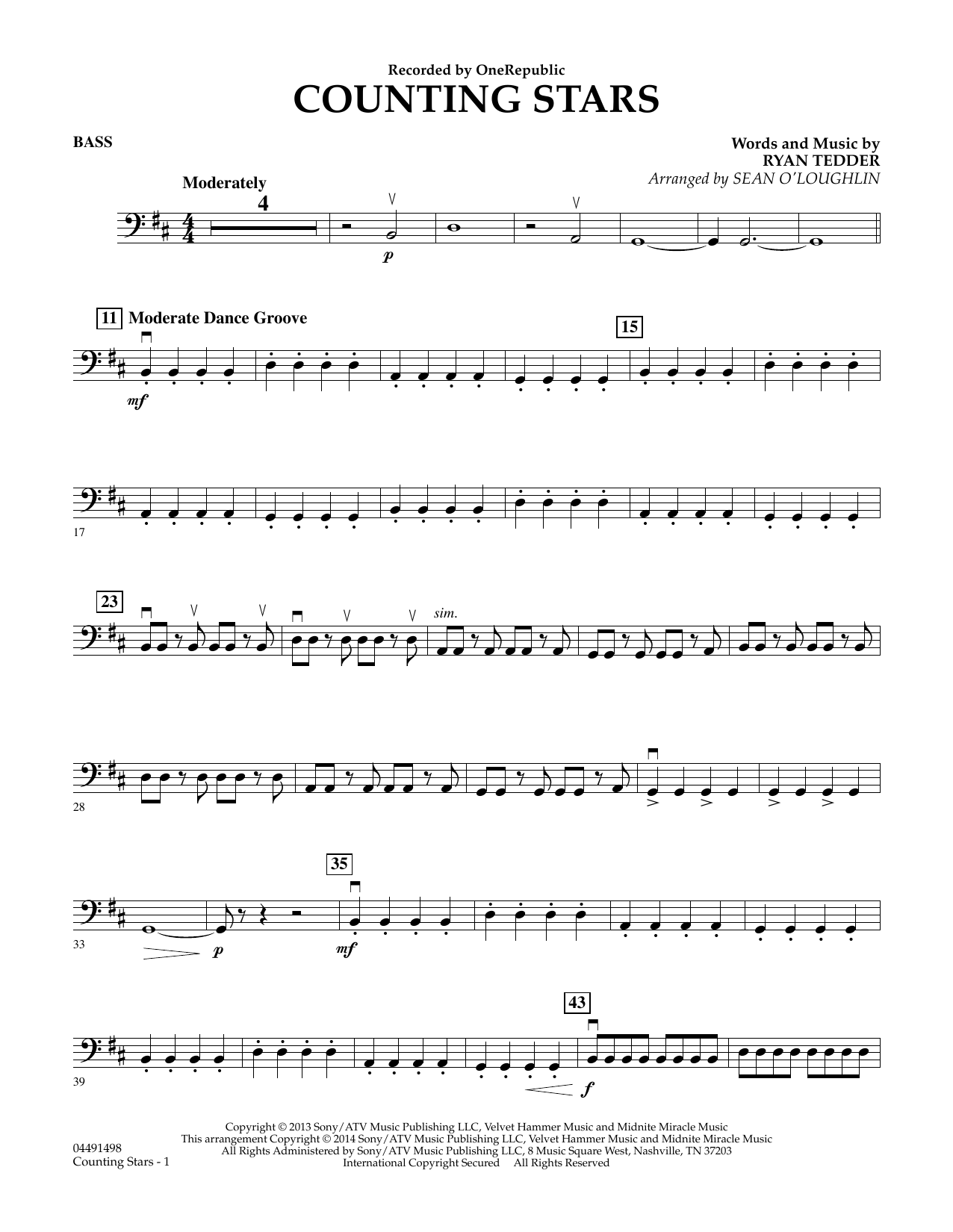 Sean O'Loughlin Counting Stars - Bass sheet music notes and chords arranged for Orchestra
