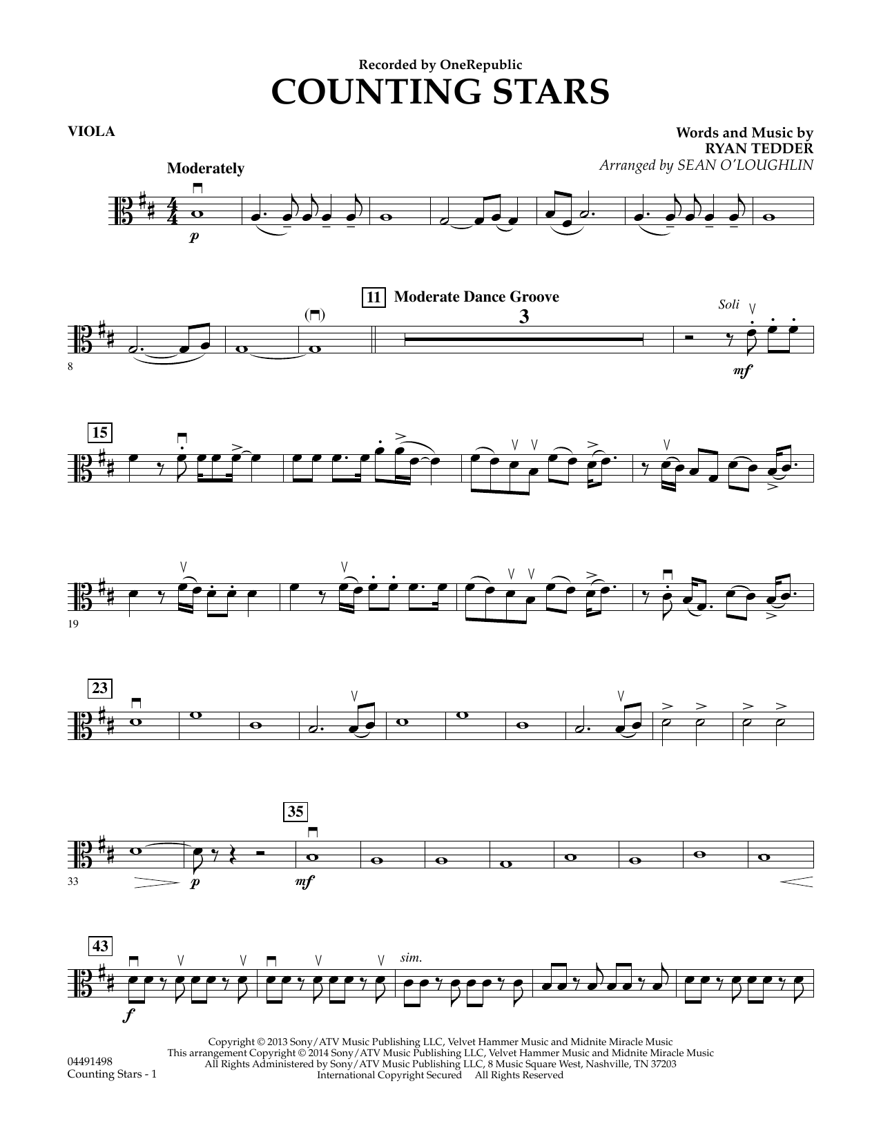 Sean O'Loughlin Counting Stars - Viola sheet music notes and chords arranged for Orchestra