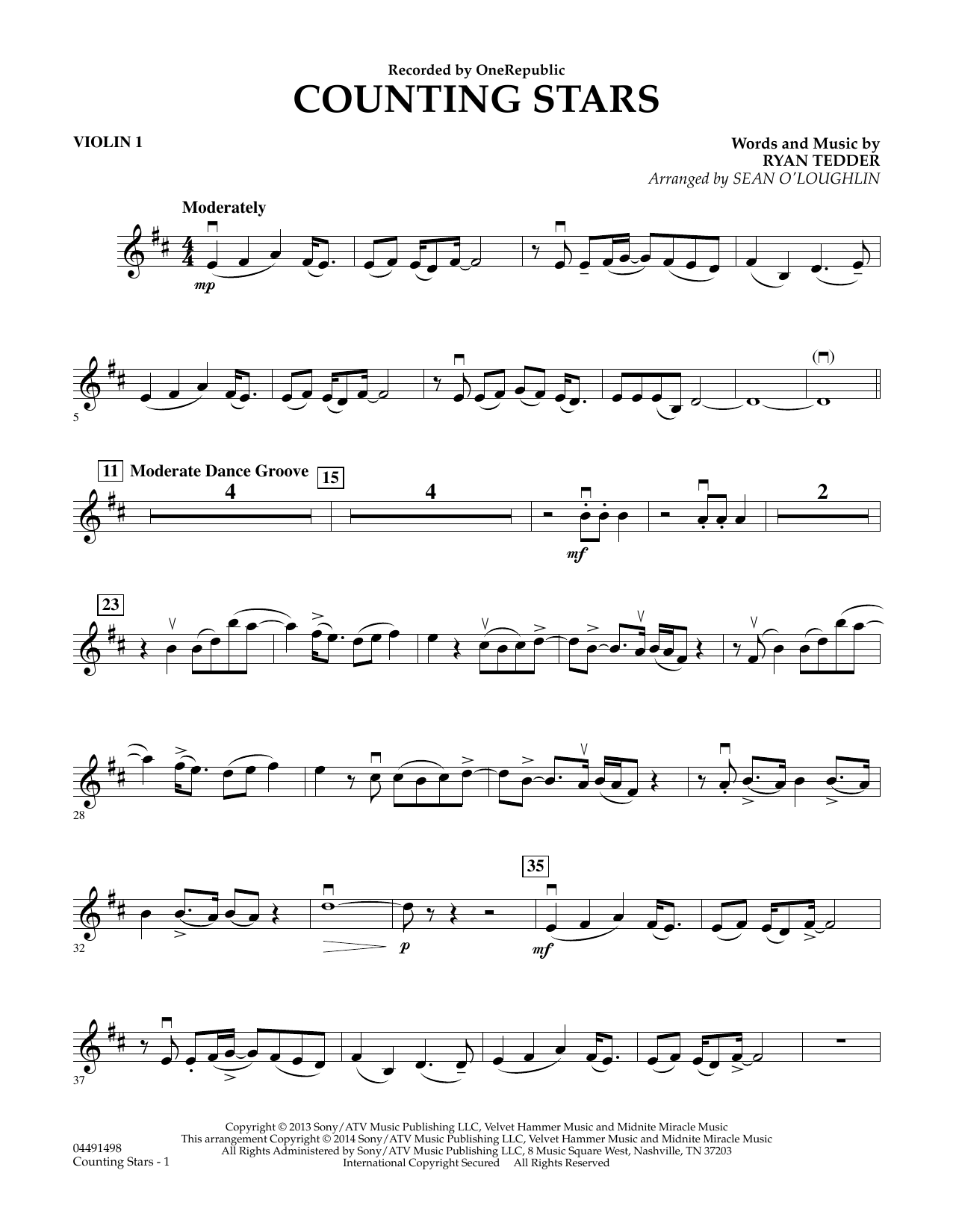 Sean O'Loughlin Counting Stars - Violin 1 sheet music notes and chords arranged for Orchestra