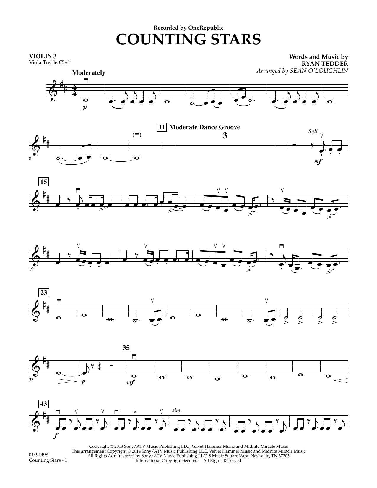 Sean O'Loughlin Counting Stars - Violin 3 (Viola Treble Clef) sheet music notes and chords arranged for Orchestra