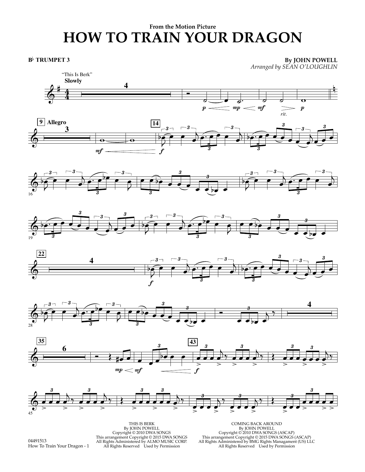 Sean O'Loughlin How to Train Your Dragon - Bb Trumpet 3 sheet music notes and chords arranged for Full Orchestra