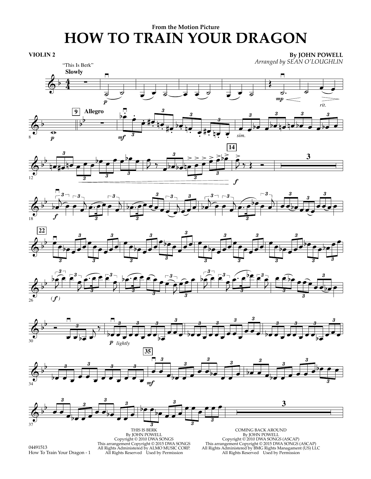 Sean O'Loughlin How to Train Your Dragon - Violin 2 sheet music notes and chords arranged for Full Orchestra