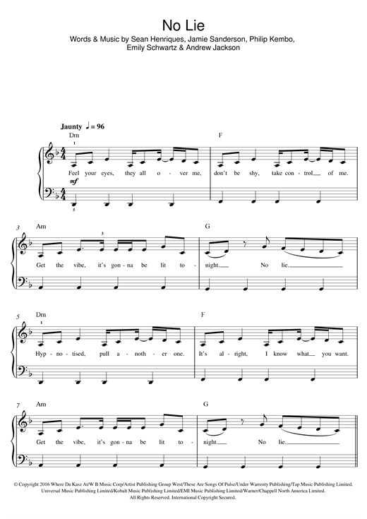Sean Paul No Lie (feat. Dua Lipa) sheet music notes and chords arranged for Beginner Piano