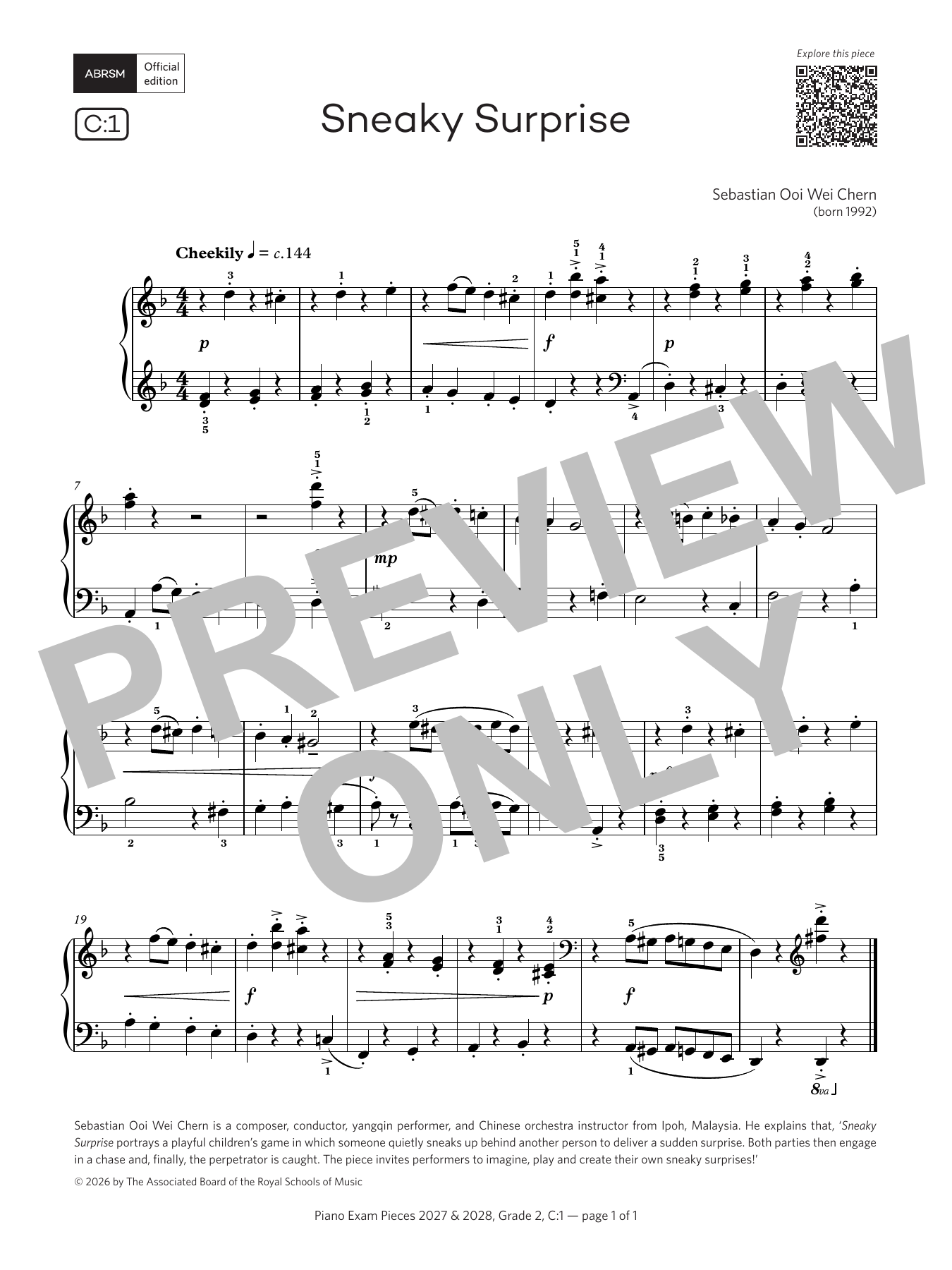 Sebastian Ooi Wei Chern Sneaky Surprise (Grade 2, list C1, from the ABRSM Piano Syllabus 2027 & 2028) sheet music notes and chords arranged for Piano Solo