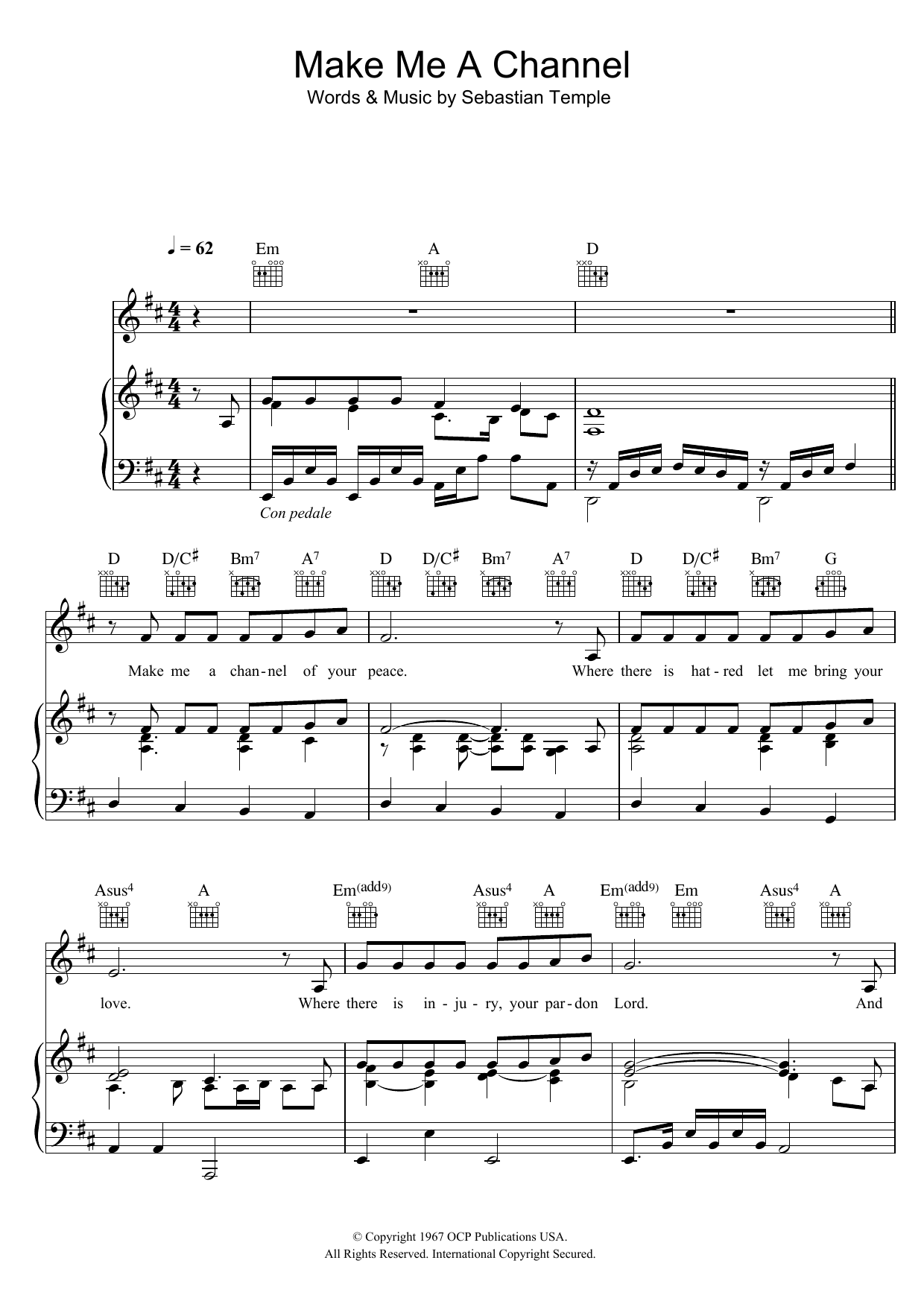 Sebastian Temple Make Me A Channel Of Your Peace (Prayer Of St.Francis) sheet music notes and chords arranged for Piano, Vocal & Guitar Chords