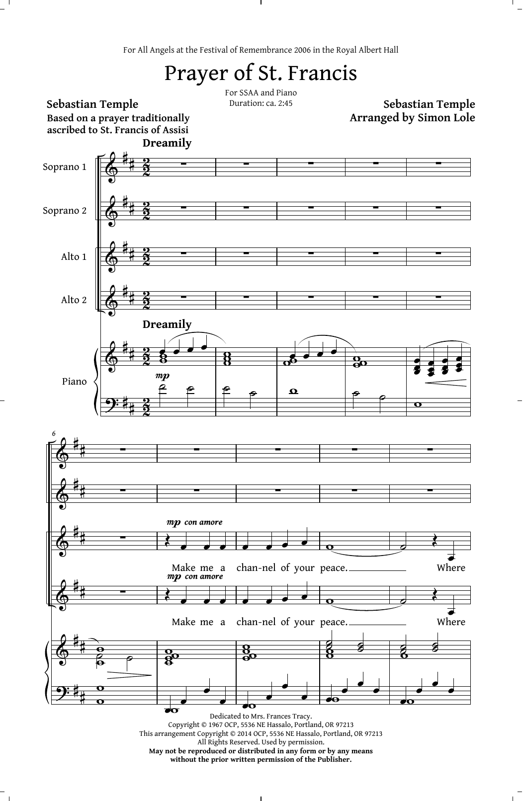 Sebastian Temple Prayer Of St. Francis (arr. Simon Lole) sheet music notes and chords arranged for SSAA Choir